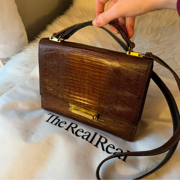 Vintage Handbags - 1950s Escort Bag Brown Lizard Skin Top Handle w/ Shoulder Strap